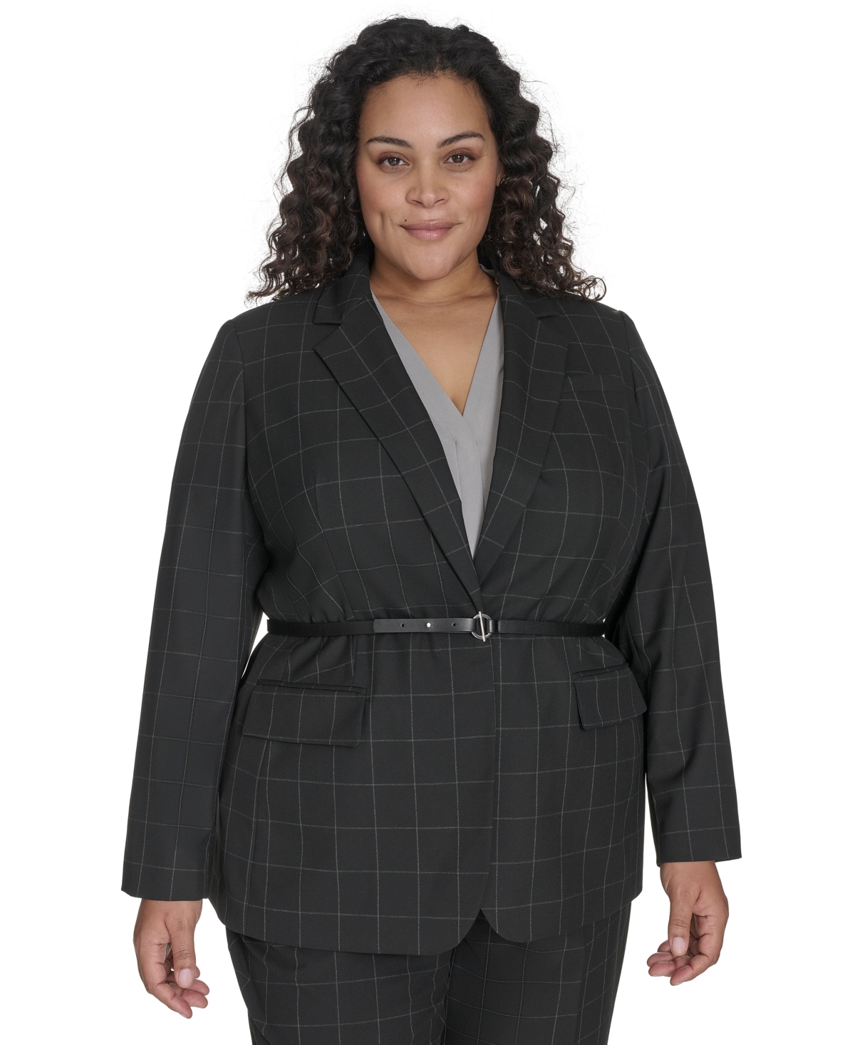 CALVIN KLEIN PLUS SIZE WINDOWPANE BELTED JACKET 