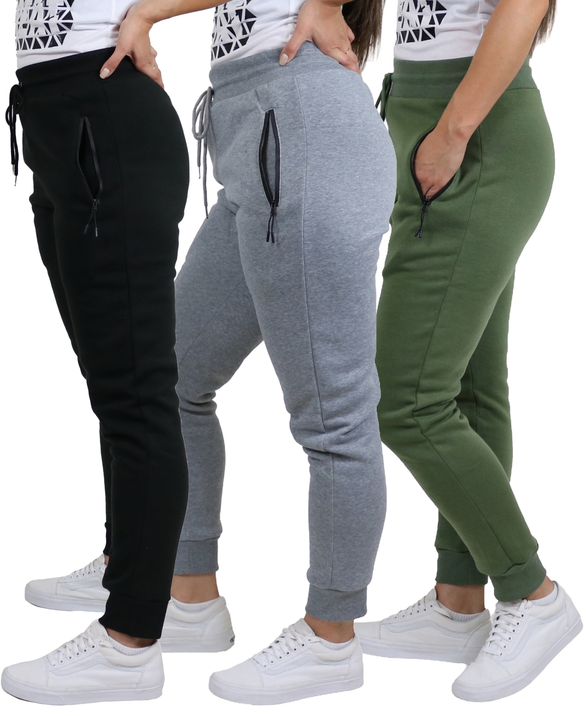 Galaxy By Harvic Women's Pro Star Loose Fit Fleece Lined Jogger Sweatpants 3-pack In Black-heather Gray-olive
