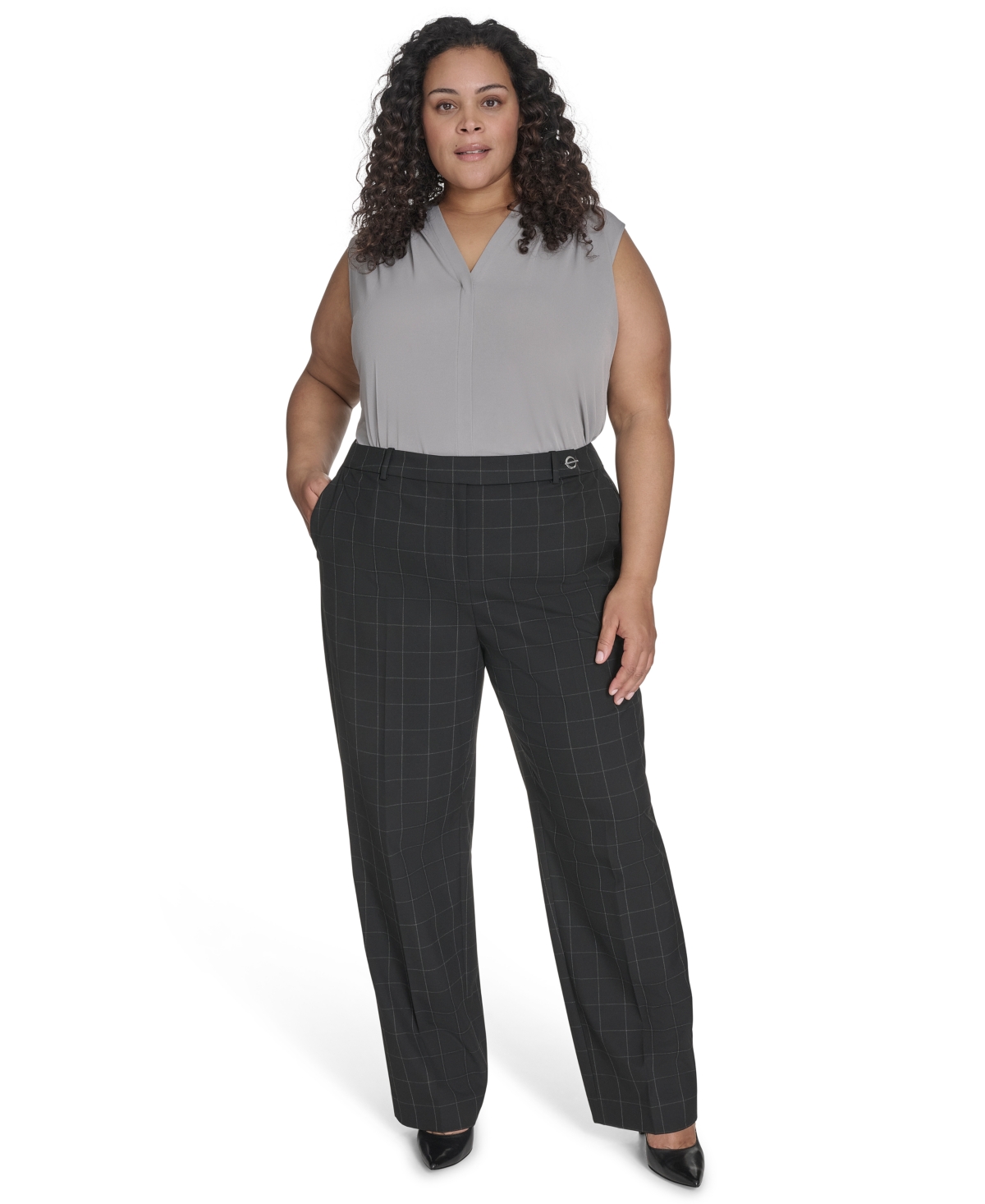 Calvin Klein Plus Size Windowpane Print Wide Leg Pants In Black,cream