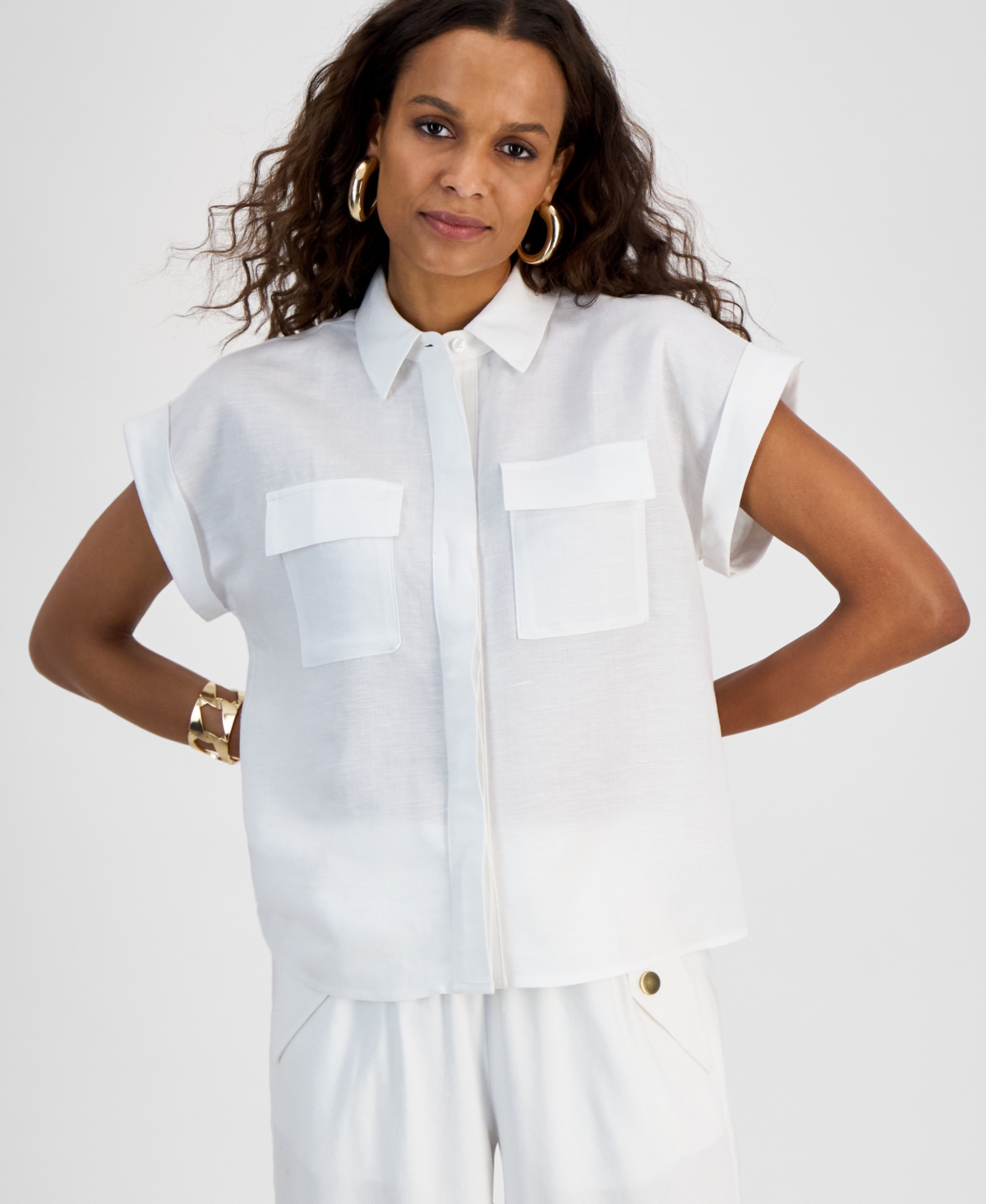 INC INTERNATIONAL CONCEPTS PETITE SHORT-SLEEVE BUTTON-FRONT SHIRT, EXCLUSIVELY AT MACY'S 