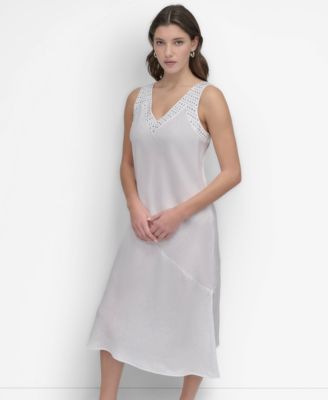 DKNY - Women's Linen Sleeveless Studded V-Neck Dress