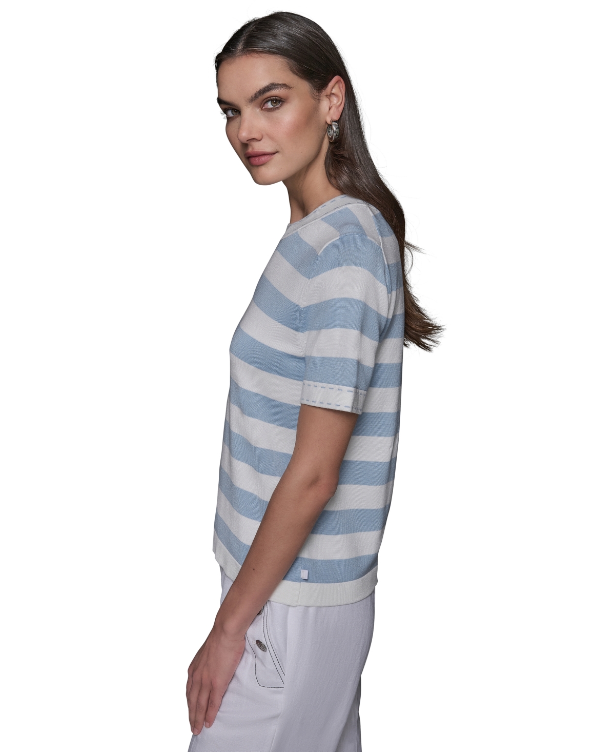 Shop Karl Lagerfeld Women's Stripe Short-sleeve Sweater In Soft White  Chambray