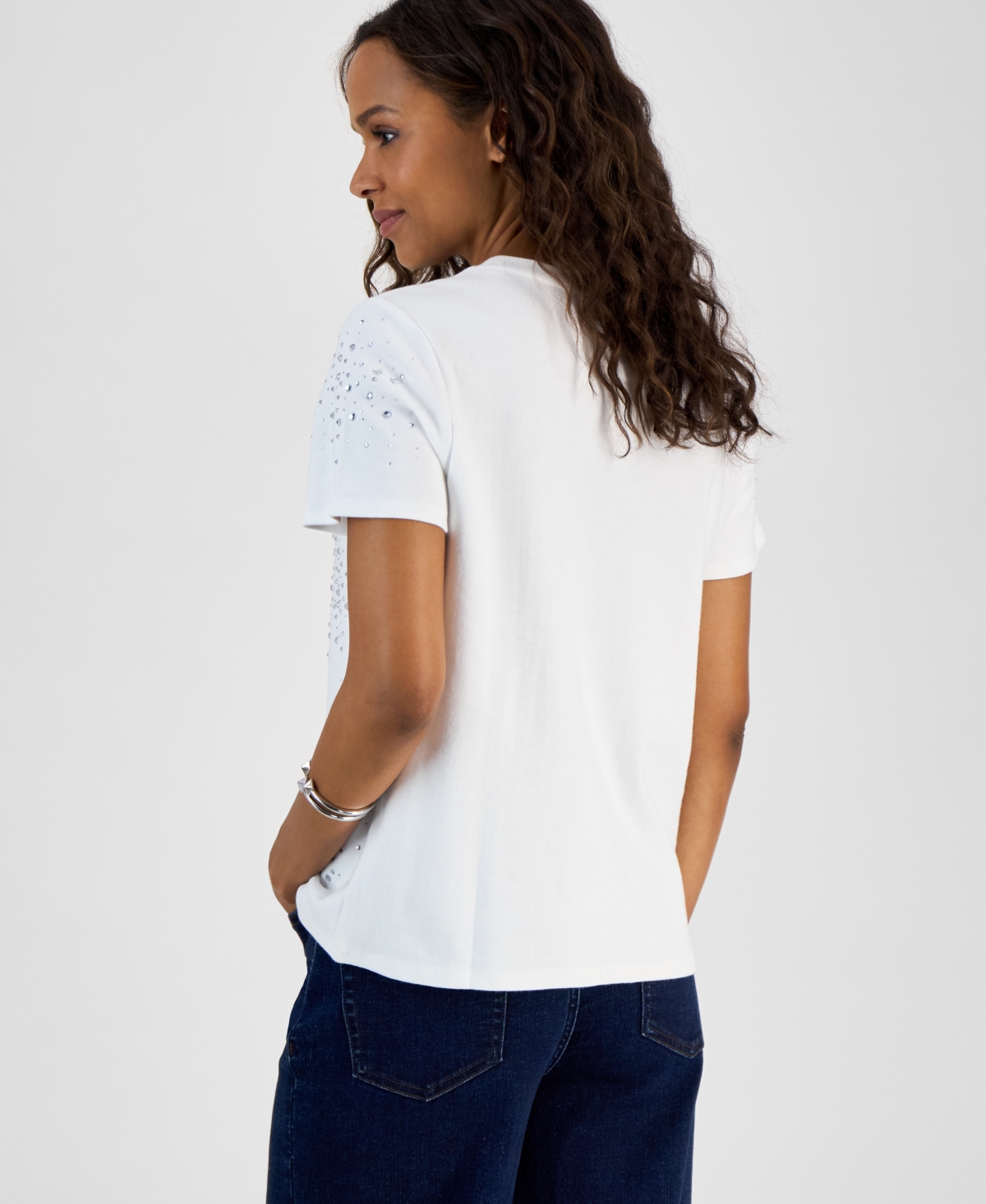 Inc International Concepts Petite Cotton Embellished Top, Exclusively At Macy's In Bright White