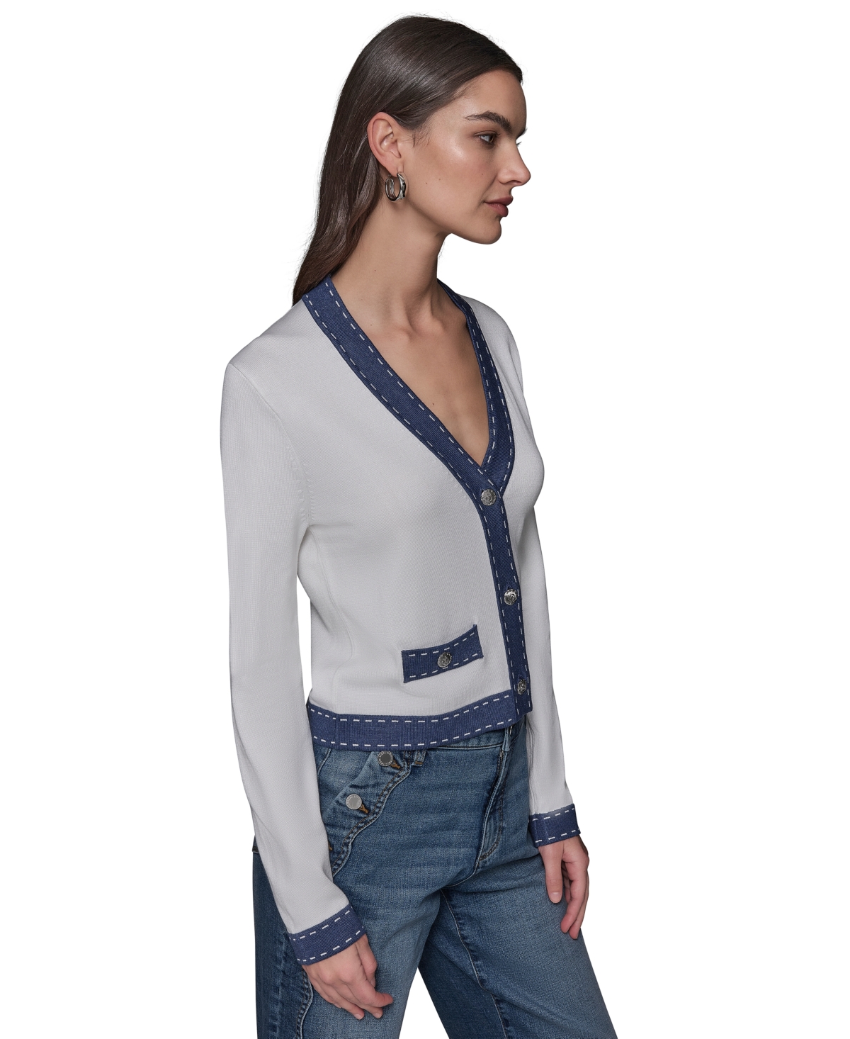 Shop Karl Lagerfeld Women's Contrast-trim V-neck Cardigan In Soft White  Indigo