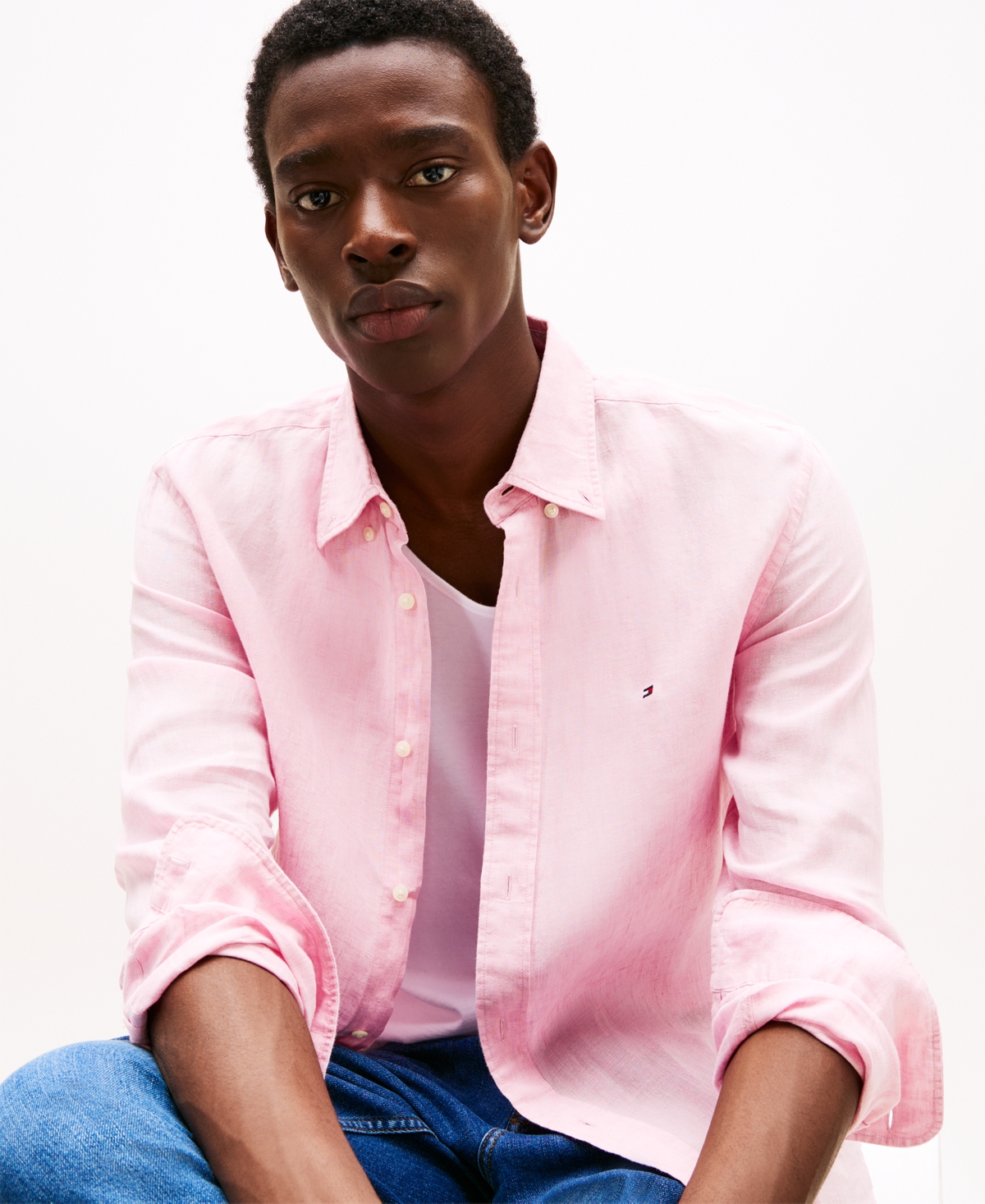 Tommy Hilfiger Men's Pigment-dyed Linen Button-down Long Sleeve Shirt In Pink