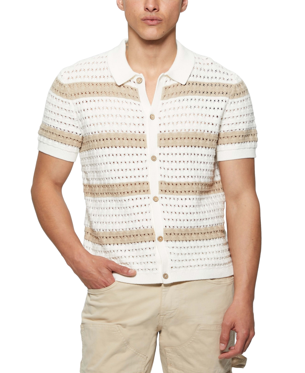 Men's Joshua Relaxed Fit Short Sleeve Button-Front Striped Sweater - White
