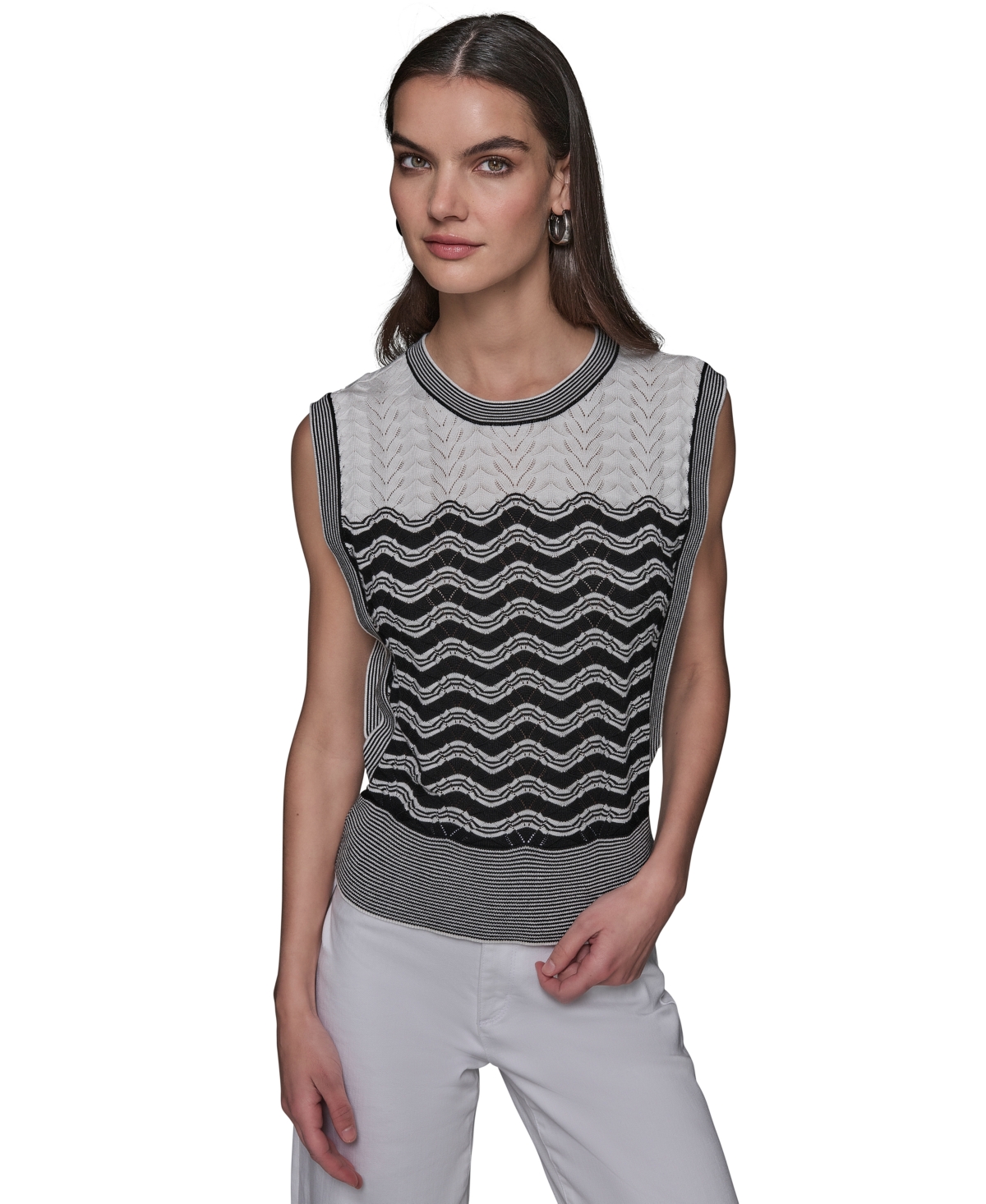Women's Geometric Pointelle Sleeveless Sweater - Black  Soft White