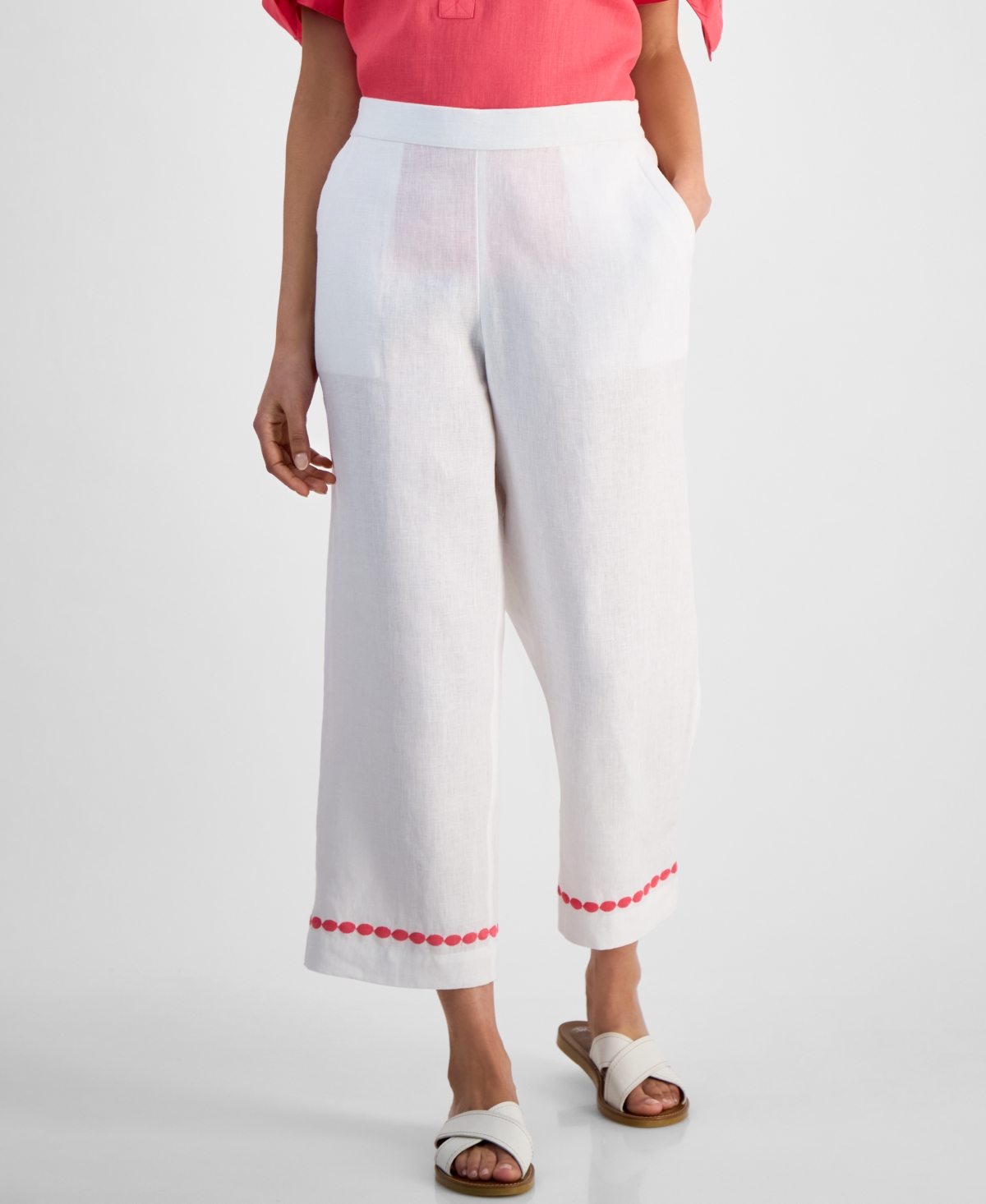 CHARTER CLUB PETITE 100% LINEN EMBROIDERED CROPPED PANTS, EXCLUSIVELY AT MACY'S 