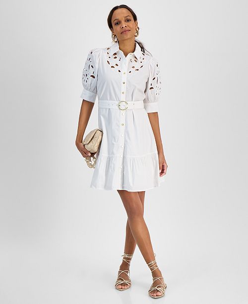 alfani I.N.C. International Concepts Petite Belted Eyelet Mini Dress Exclusively at Macy's Women's Fashion Shoes & Accessories