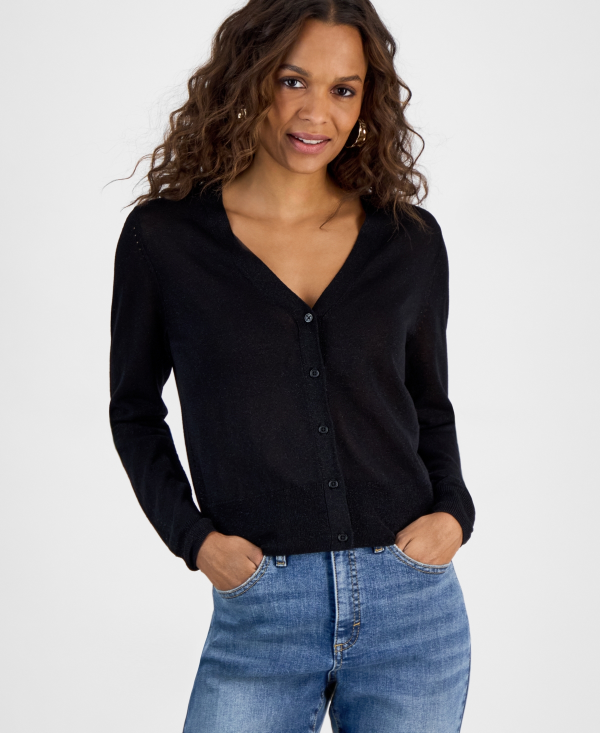 Inc International Concepts Petite Button-front Cardigan, Exclusively At Macy's In Deep Black