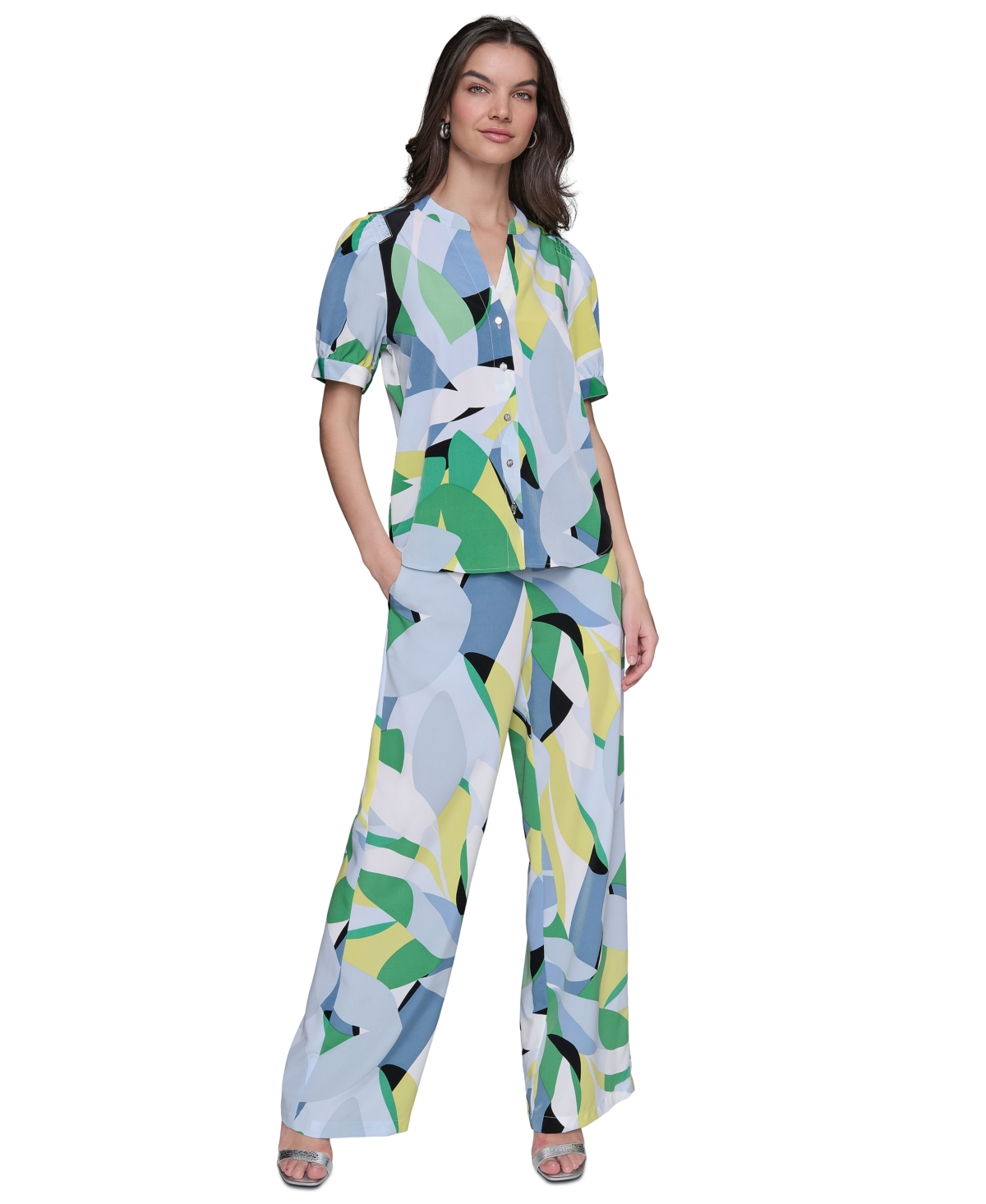 KARL LAGERFELD KARL LAGERFELD WOMEN'S PRINTED PUFF-SLEEVE BUTTON-FRONT TOP 
