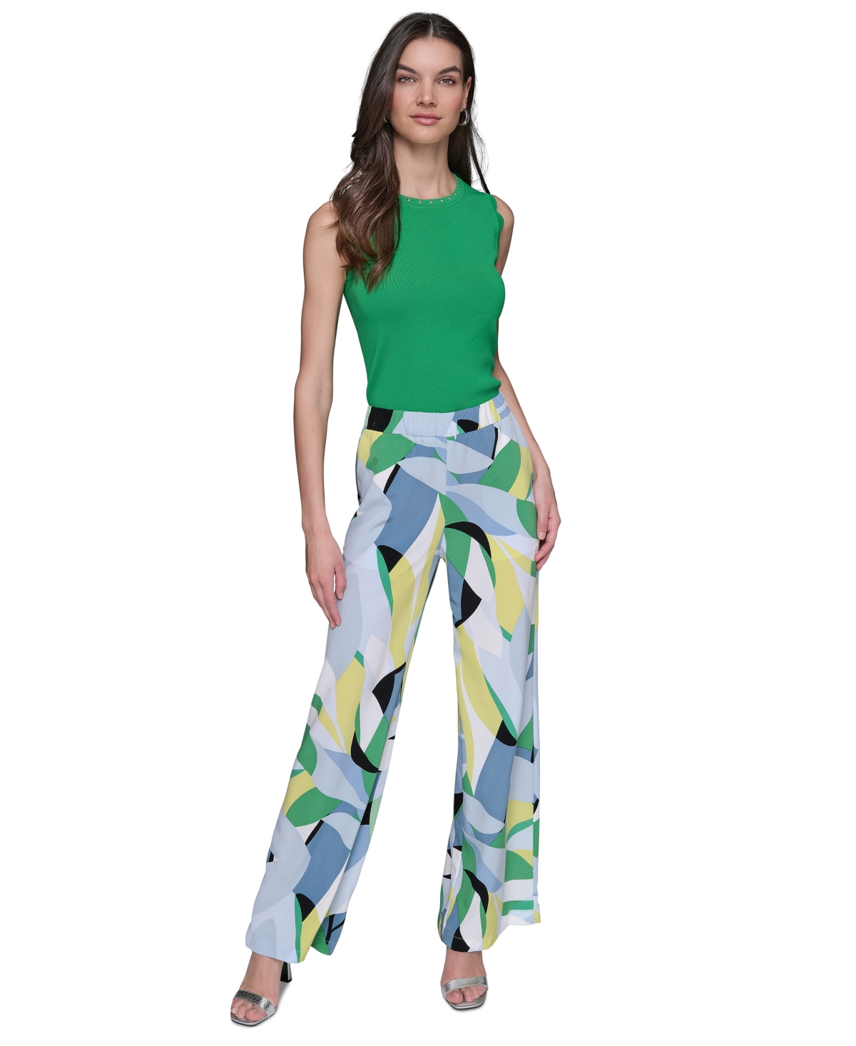 Shop Karl Lagerfeld Women's Geo-print Wide-leg Pants In Flore Green  Chambray