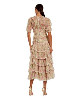 Women's Lace Trim Printed Mesh High Neck Midi Dress