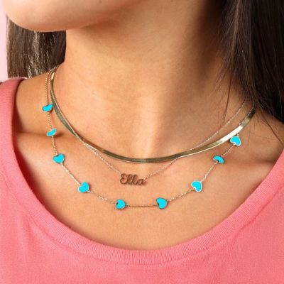 Turquoise Heart Station Necklace 14K Gold