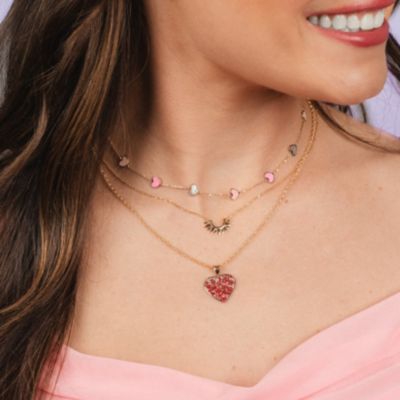 Pink Mixed Heart Station Necklace 14K Gold