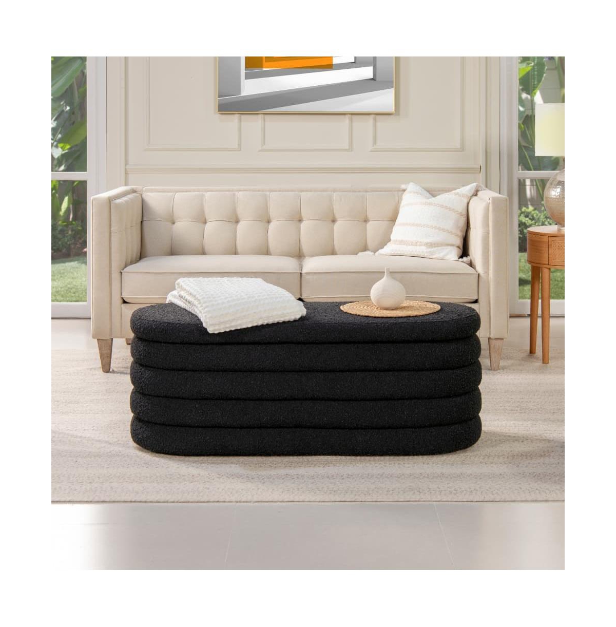 49 Inch Oval Boucle Storage Bench, Upholstered Entryway Ottoman with Hinged Lid-The Pop Home - Black+boucle