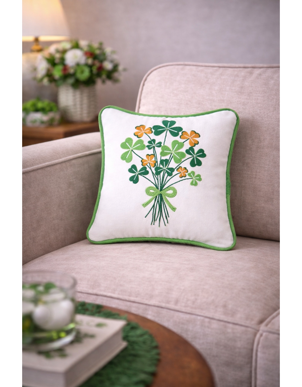 10" x 10" St. Patrick's Day Shamrock Bouquet Embroidered Small/Petite Cotton Accent Throw Pillow