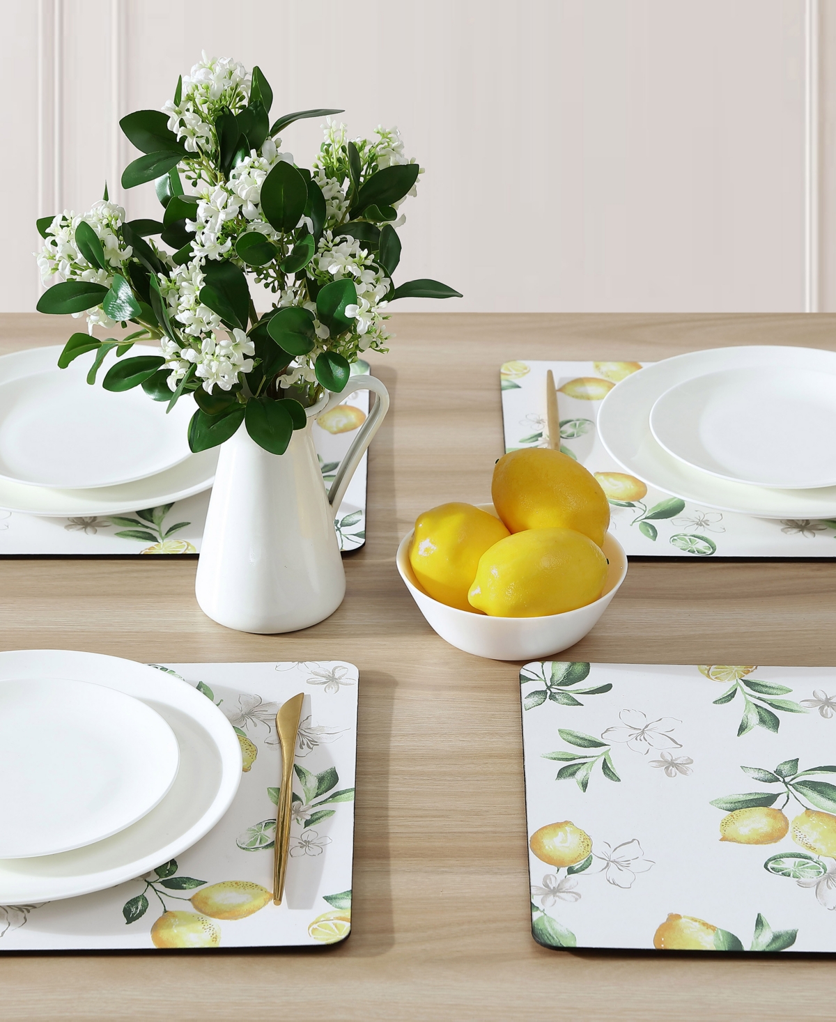 Laura Ashley Lemon Floral Cork Placemats Set Of 4, 16" X 12" In Lemon Floral