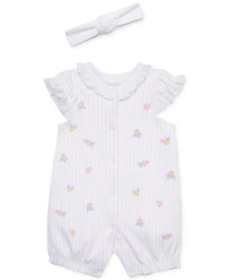 Little Me - Baby Girls 2-Pc. Embroidered Floral Stripe Romper & Headband Set