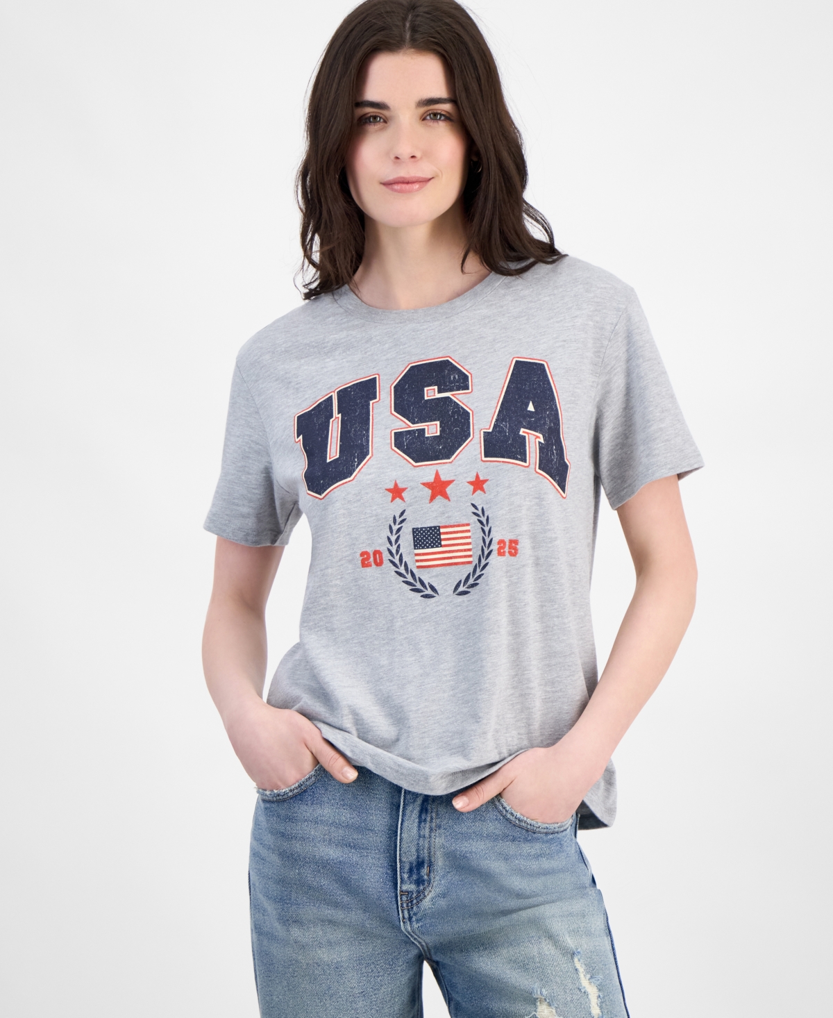 Juniors' Usa Flag Graphic-Print Crewneck Tee - Grey