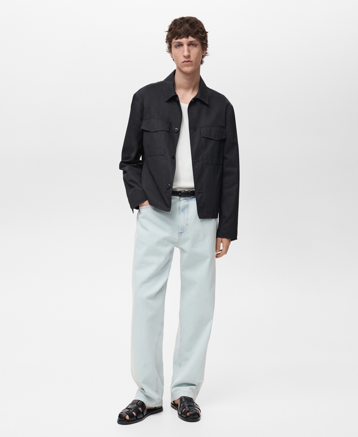 Mango Regular Fit Cotton Blend Button-up Overshirt In Black