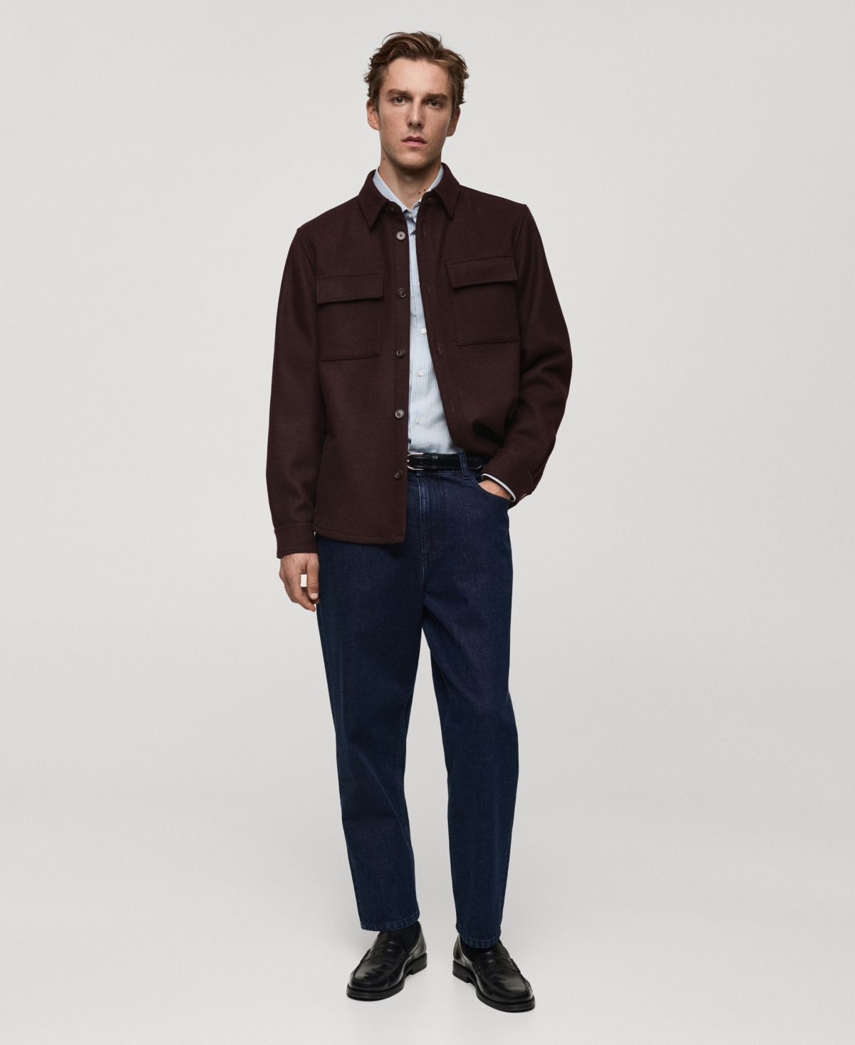 Mango Wool Blend Flannel Overshirt With Pockets In Burgundy