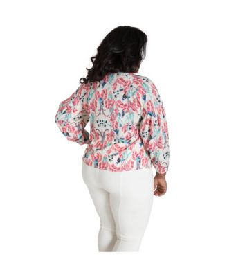 Plus Size Puff Sleeve Tie-Neck Peacock Print Blouse