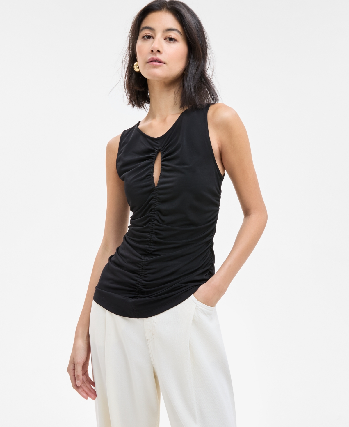 Women's Ruched Sleeveless Keyhole Top - Flamingo Pink