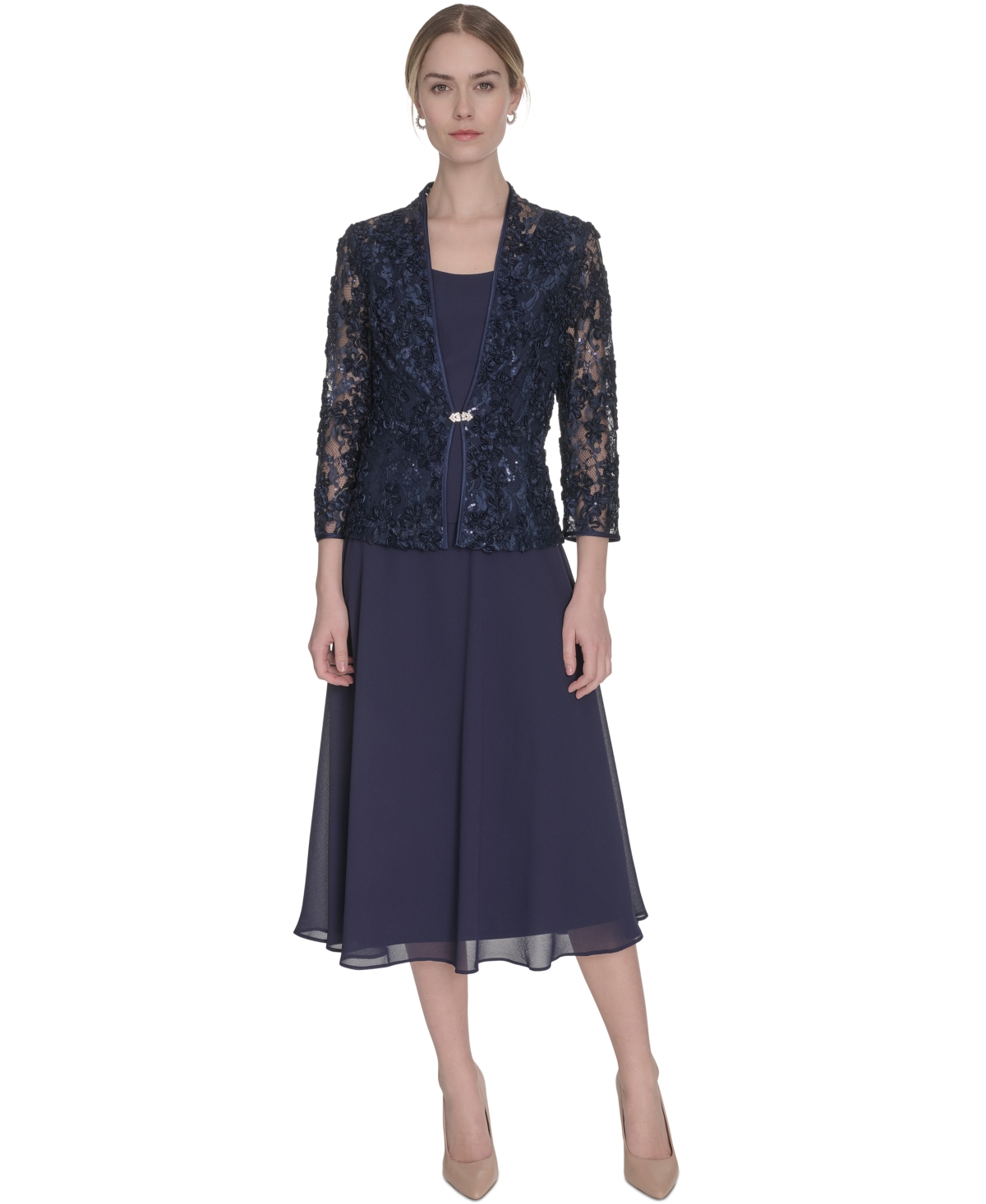 Women's Soutache Jacket & Jewel-Neck Midi Dress - Toffee