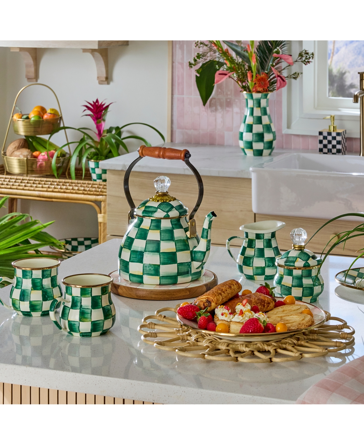 MACKENZIE-CHILDS EMERALD CHECK 2-QT. TEA KETTLE 