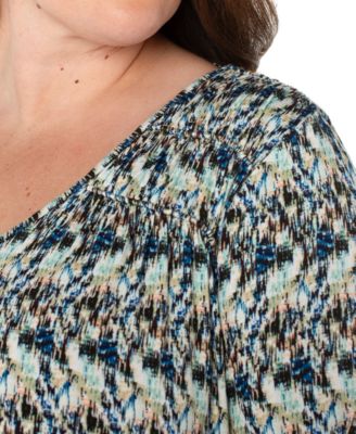 Liverpool Plus Size Printed 3/4-Sleeve V-Neck Top