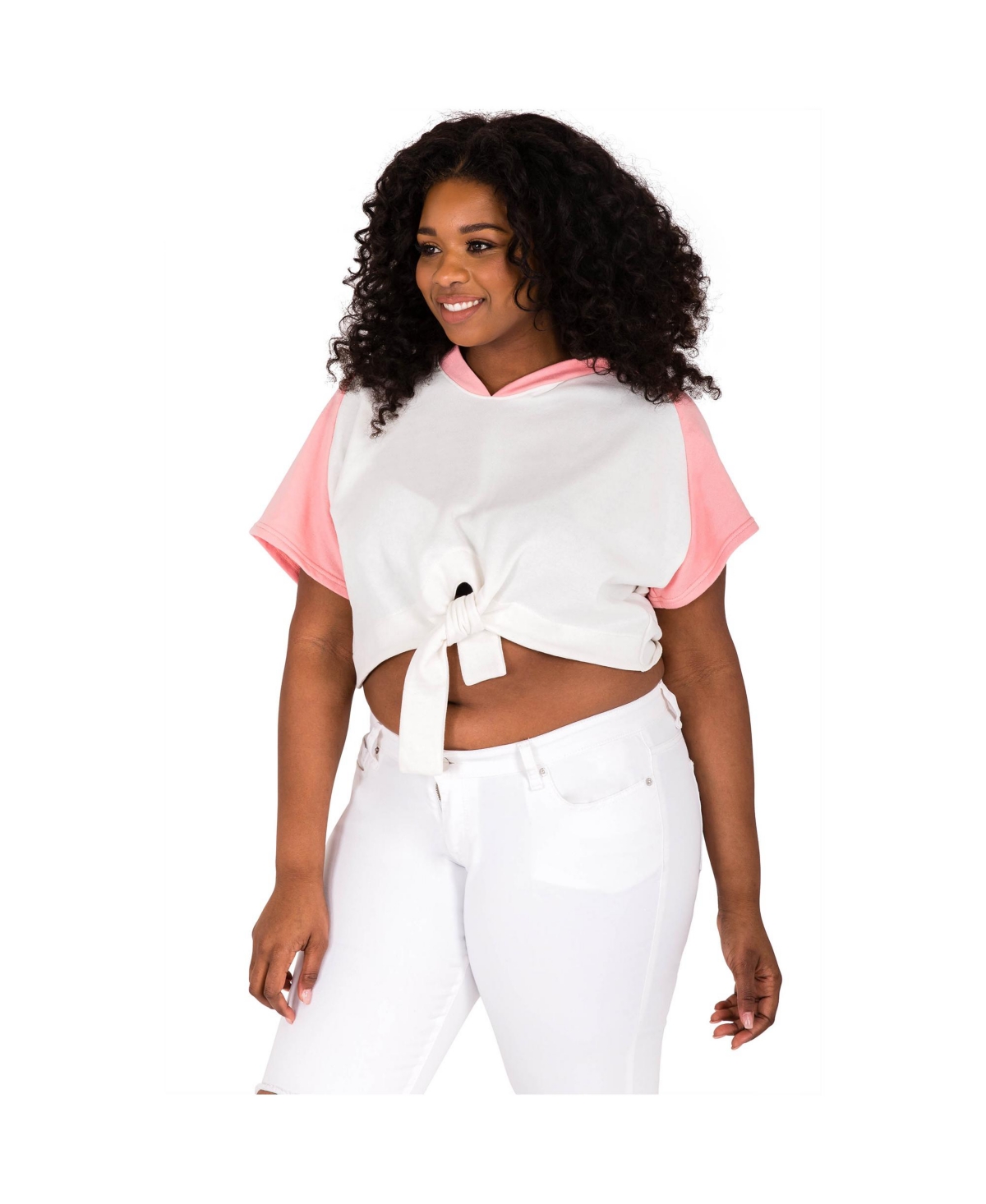 Plus Size Kimono Sleeve Tie-Front Hoodie Sweatshirt - White pink