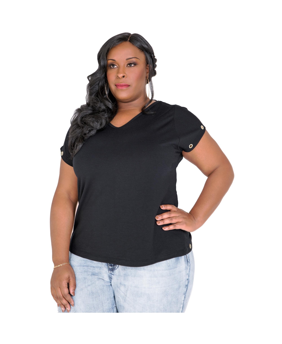 Plus Size V-Back Cut Out Gold Grommets T-Shirt - White
