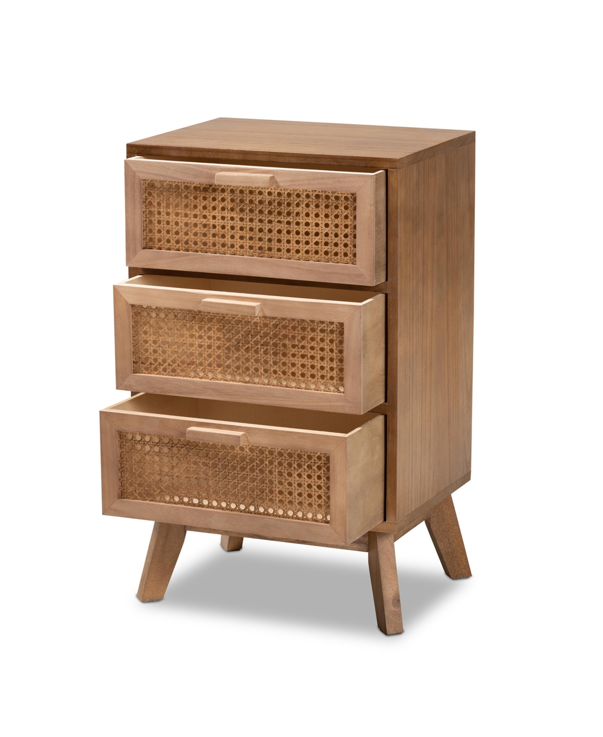 Baxton Studio Walnut Brown Finished Wood 3-drawer End Table With Rattan In Natural Brown,walnut Brown