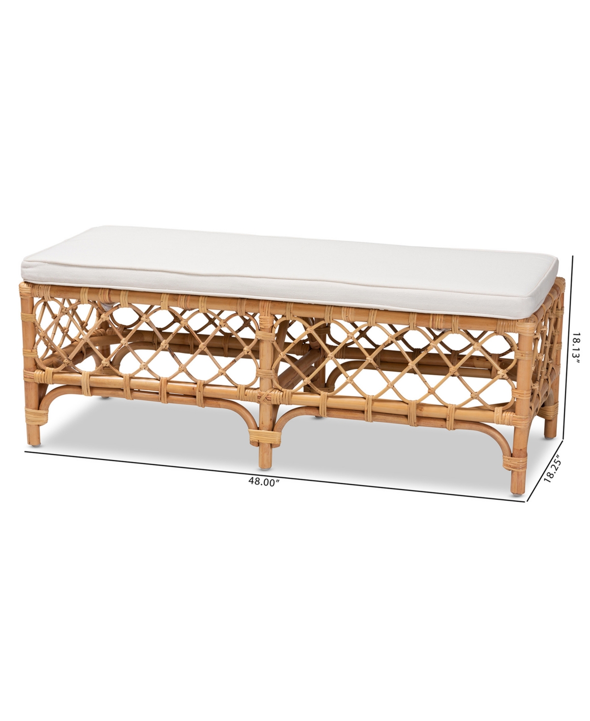 Bali & Pari 48" Upholstered And Natural Rattan Orchard Modern Bohemian Accent Bench In White,natural Brown
