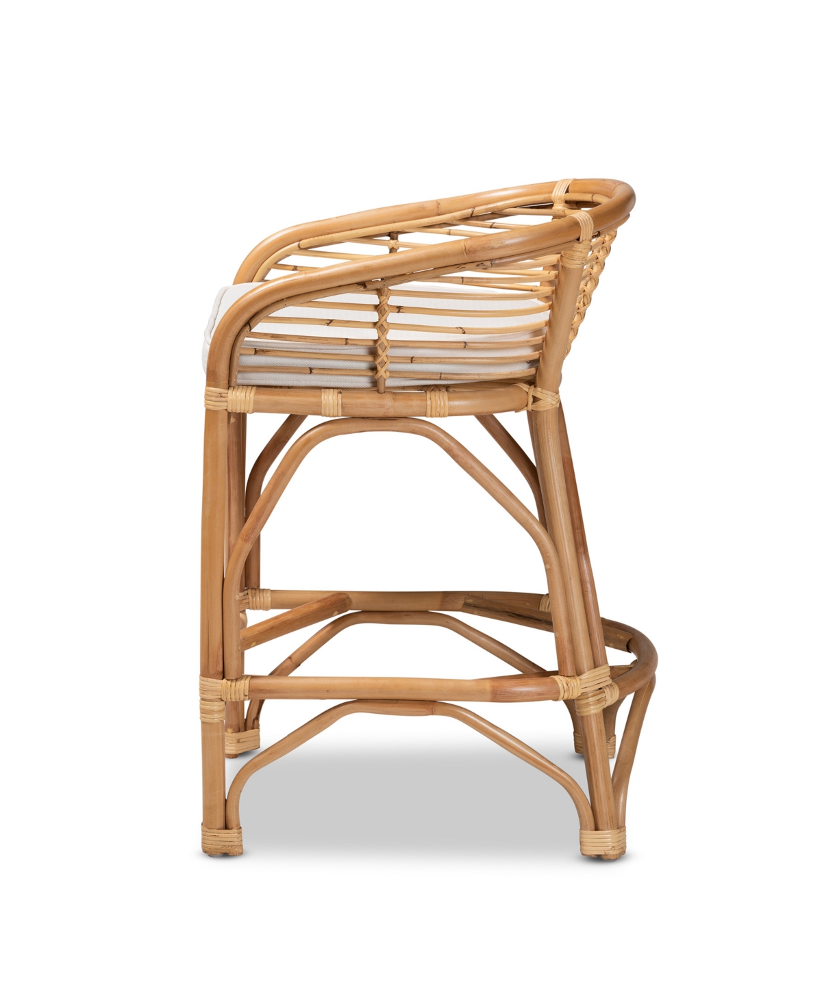 Bali & Pari Bohemian White Fabric Upholstered And Natural Brown Rattan Counter Stool In White,natural Brown