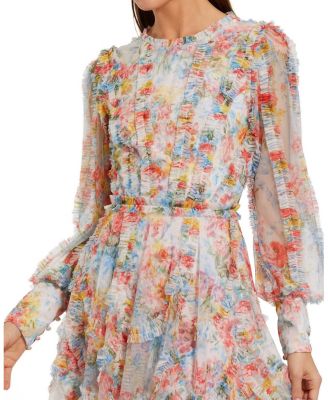Women's Floral Mesh Ruffle High Neck Mini Dress