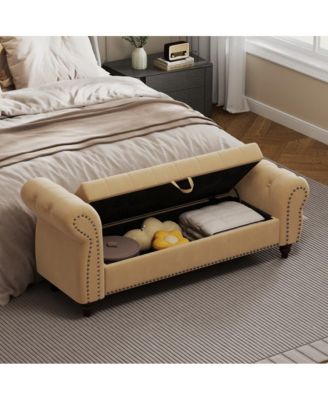 64.5 Inch Velvet Upholstered Storage Bench, Tufted Bed Bench with Nailhead Trim for Bedroom
