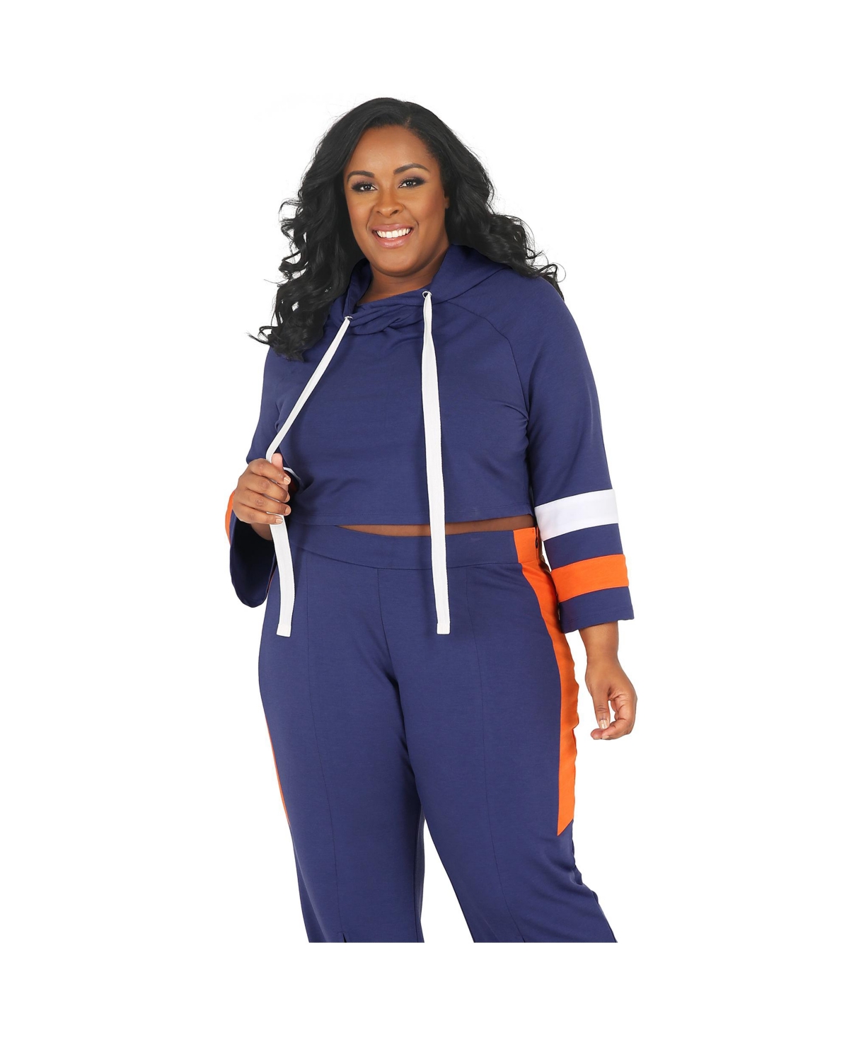 Plus Size Flare Sleeve Cropped Hoodie Sweatshirt - Navy orange