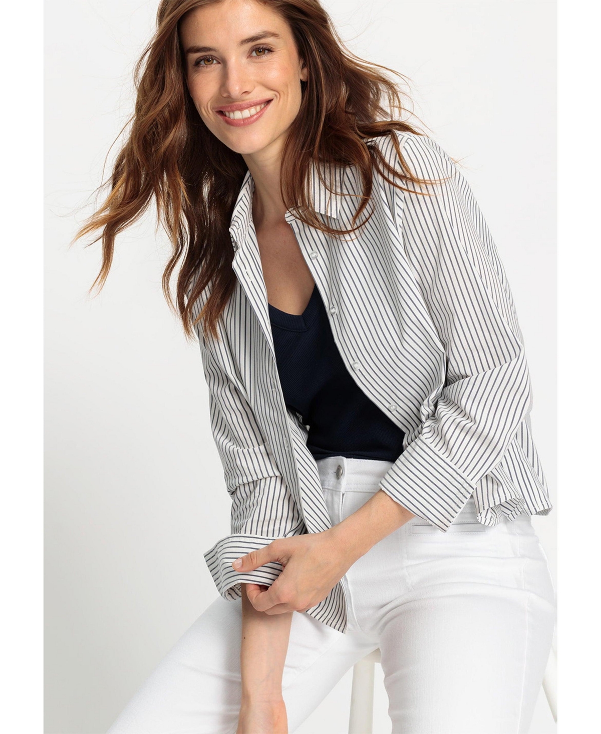 Women's Striped Cropped Shirt - Ink blue