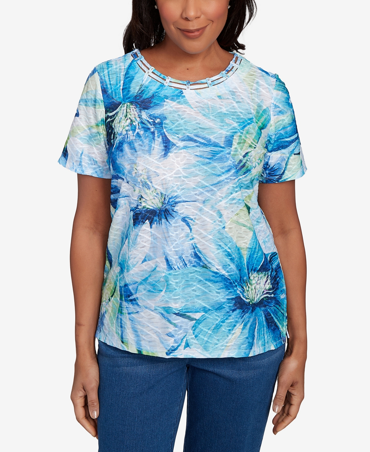 Alfred Dunner Petite Summer Breeze Floral Watercolor Top In Blue