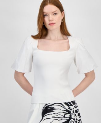 T Tahari - Women's Mixed-Media Square-Neck Puff-Sleeve Top