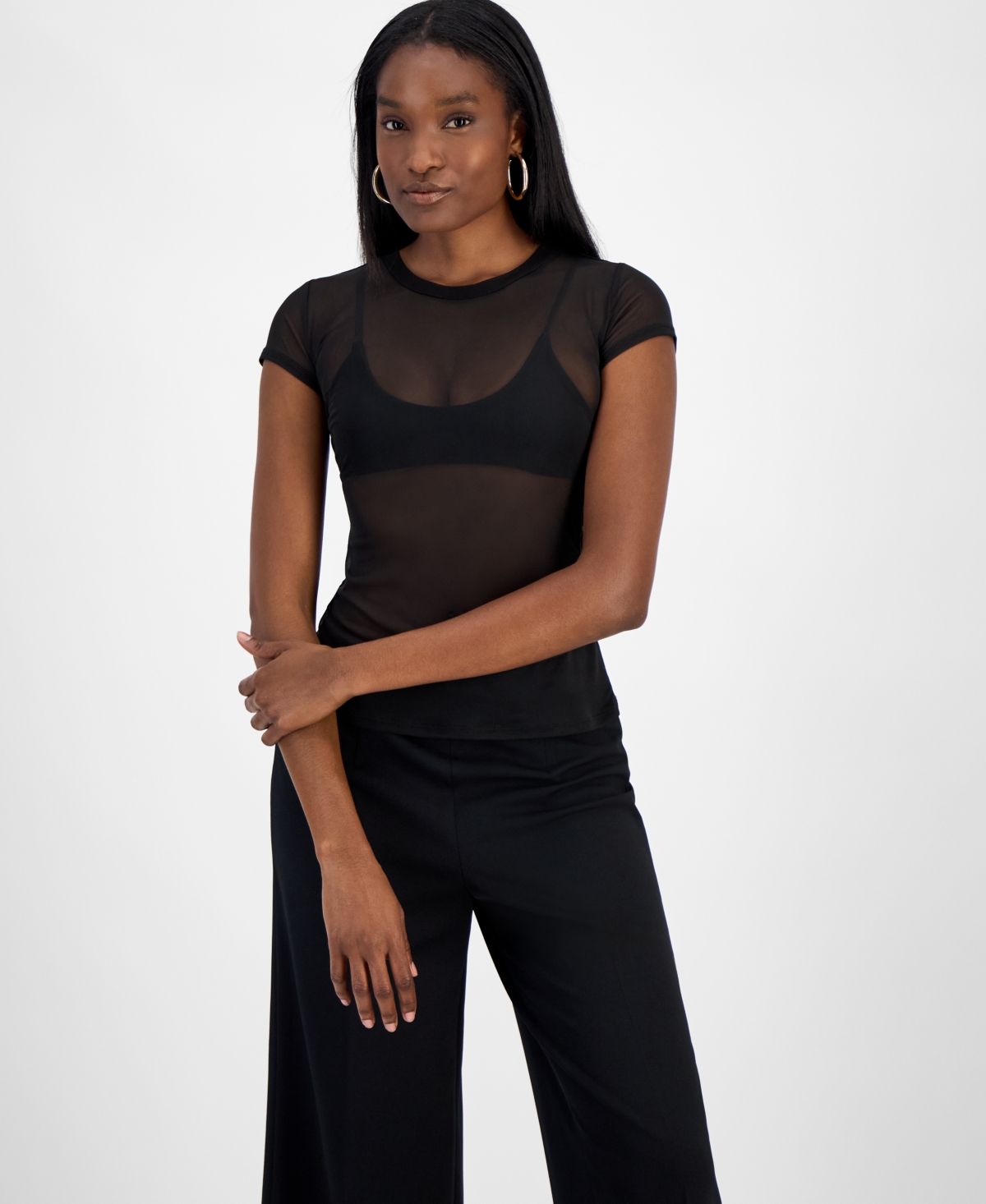 Bar Iii Women's Mesh Cap-sleeve Semi-sheer Top, Exclusively At Macy's In Deep Black