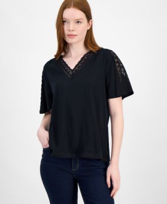 Petite Lace-Trimmed V-Neck Pullover Top,…