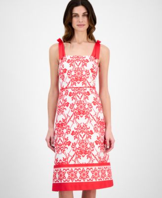 Women's Printed Bow-Shoulder Border-Hem Midi Dress