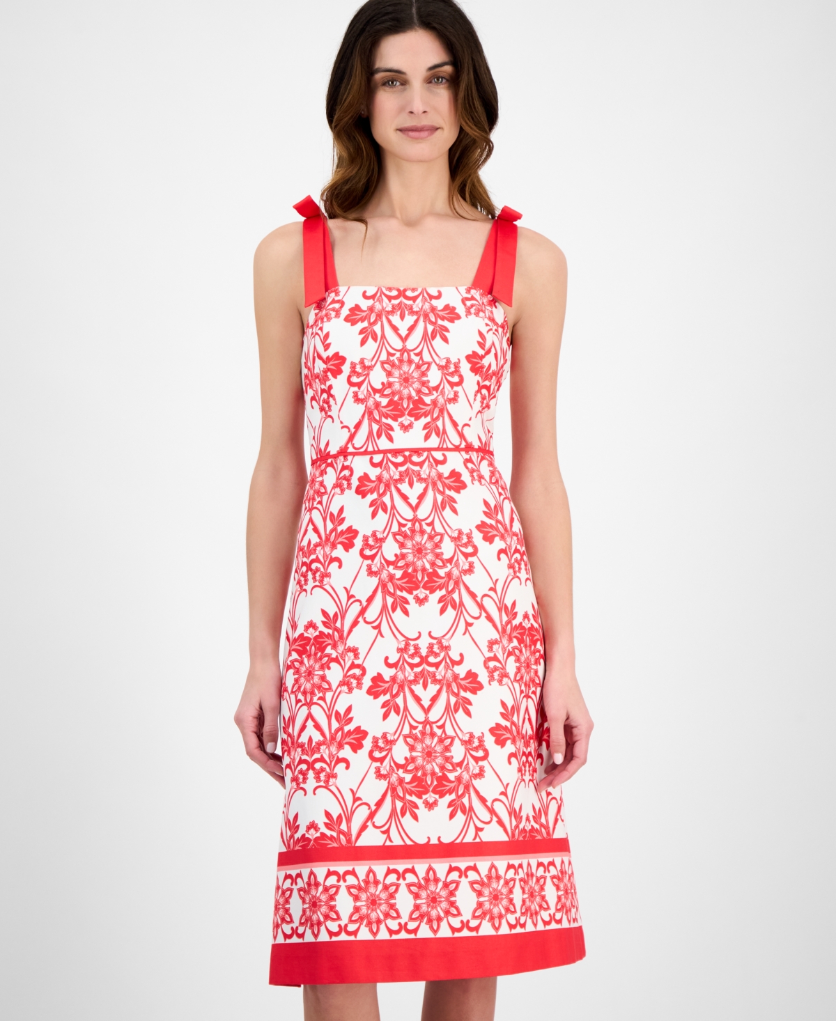 Anne Klein Women's Printed Bow-Shoulder Border-Hem Midi Dress