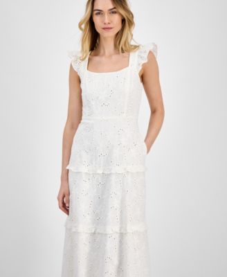 Women's Eyelet Square-Neck Tiered Midi Dress