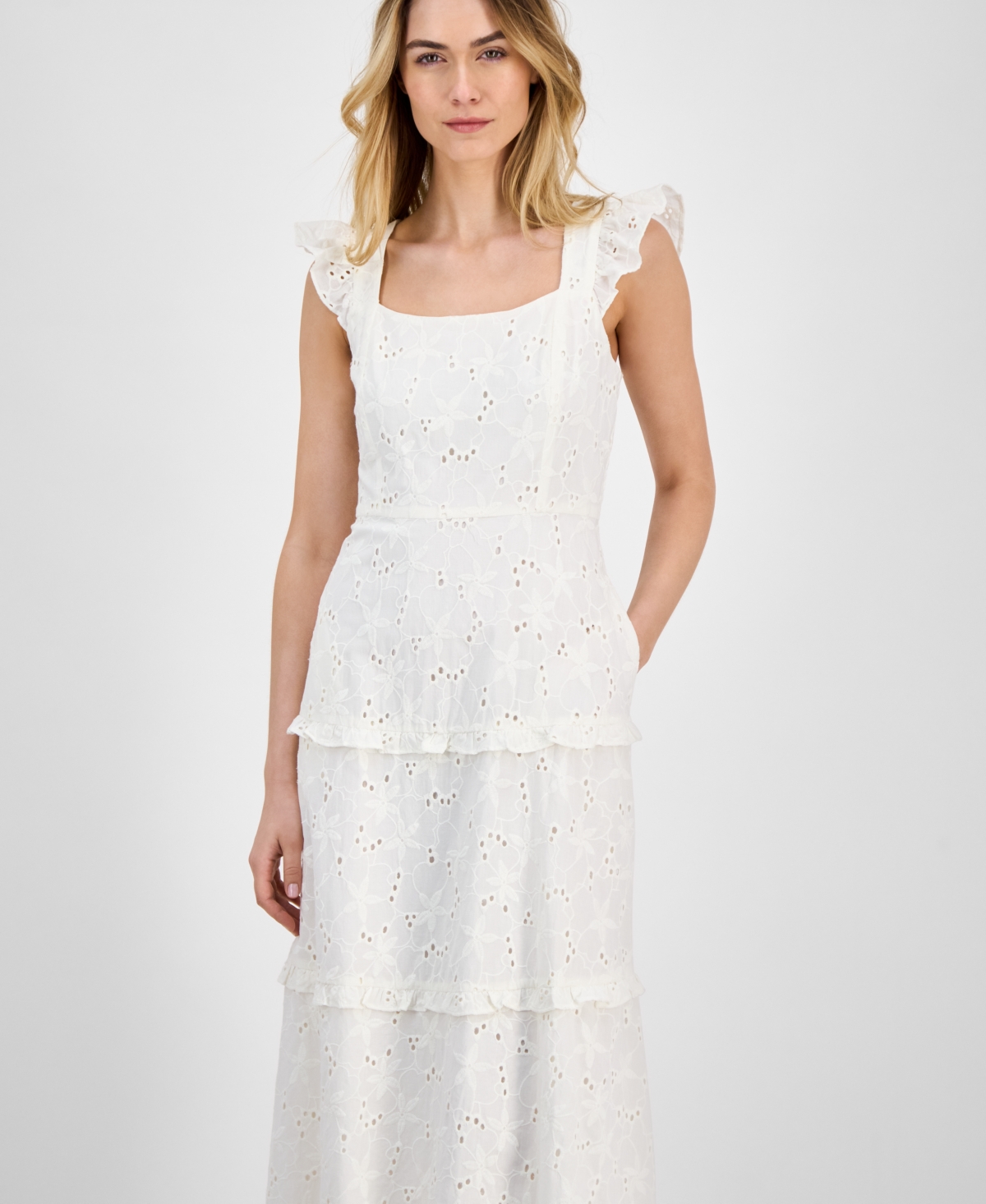 Anne Klein Embroidered Eyelet Cotton Tiered Midi Dress In Pearl White