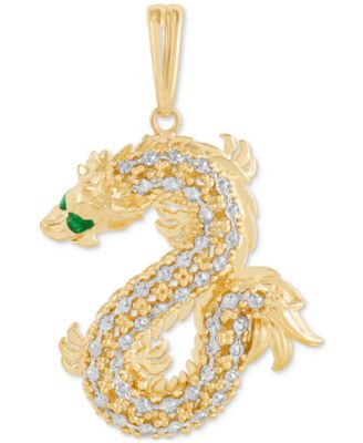 Italian Gold - Green Enamel Eye Two-Tone Dragon Pendant in 10k Gold