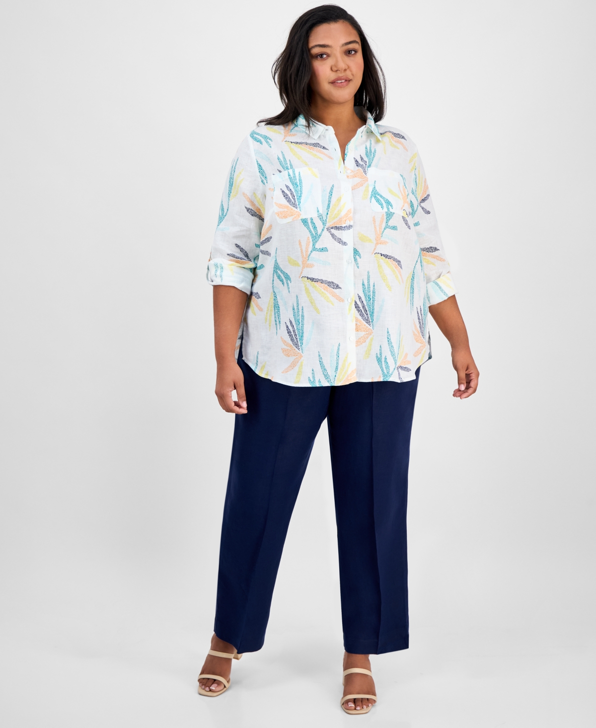 CHARTER CLUB PLUS SIZE 100% LINEN PALM PRINT SHIRT, EXCLUSIVELY AT MACY'S 